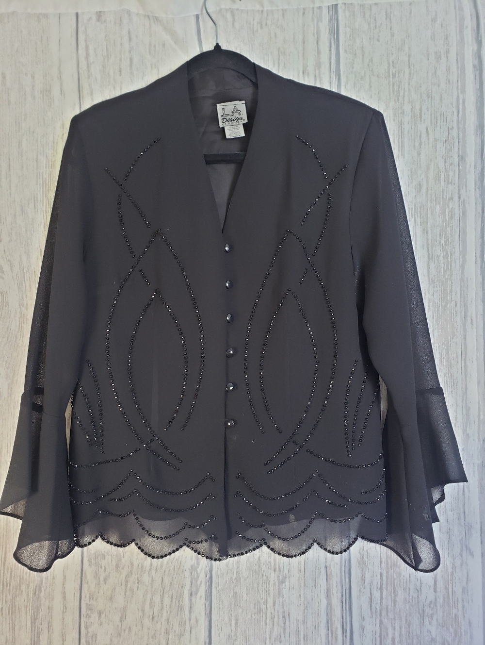 Vtg LA Design Fashions Beaded Black Sheer Overlay Button Blouse V Neck Large
